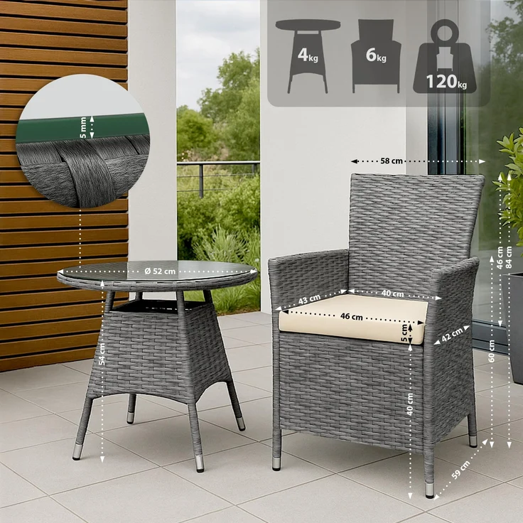 Outdoor Sitzgruppe RIRAM - Kunststoff Grau-meliert 110x110x84 cm | Gartenmöbelset 2 Personen Poly Rattan Balkonmöbel Set Bistrotisch Terrassenmöbelset – Bild 5