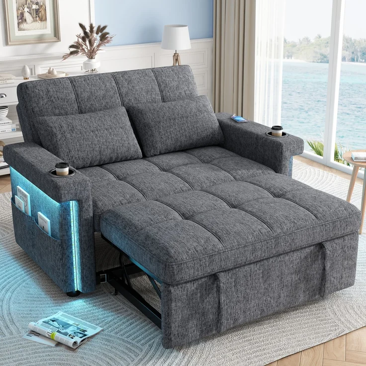 Merax 2-Sitzer Sofa, Schlafsofa mit Schlaffunktion, LED-Beleuchtung, USB/Type-C-Ladeanschluss, verstellbare Rückenlehne, Kissen, Getränkehalter, Seitentasche, Chenille Stoff, Grau – Bild 1