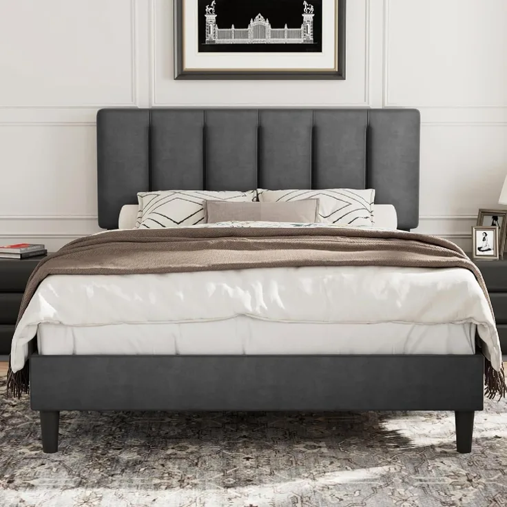 VECELO Polsterbett 140x200 cm Doppelbett mit Höhenverstellbarem Kopfteil, Bettrahmen Stoffbett mit Lattenrost, Gepolstertes Bettgestell, Kein Boxspring erforderlich, Samt, Ohne Matratze, Grau