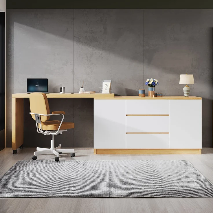 Schreibtisch 120x50x76,5 cm mit drehbarer Tischplatte, Schubladen und Rollen – Eiche/Weiß – Bild 1