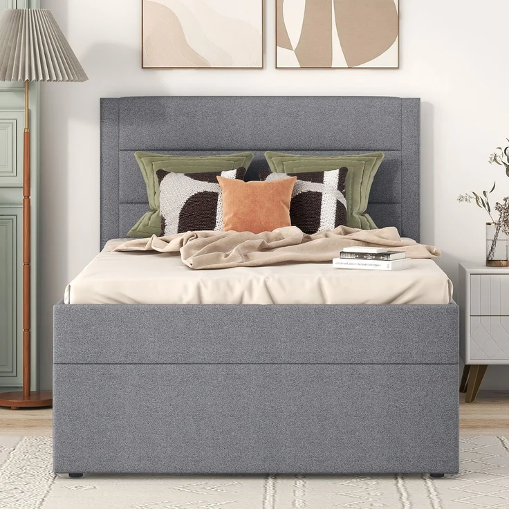 EINHOM Polsterbett, 90 x 200 cm, Einzelbett mit Lattenrost aus Metallrahmen, Großer Stauraum, Geeignet für Erwachsene und Jugendliche, Leinen + MDF, Grau (Ohne Matratze) – Bild 4