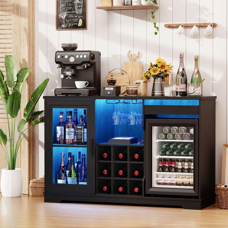 Weinschrank 120x40x78 cm mit LED-Beleuchtung, 9 Weinregalen und 2 Glashaltern, Holz & Schwarz – Bild 2