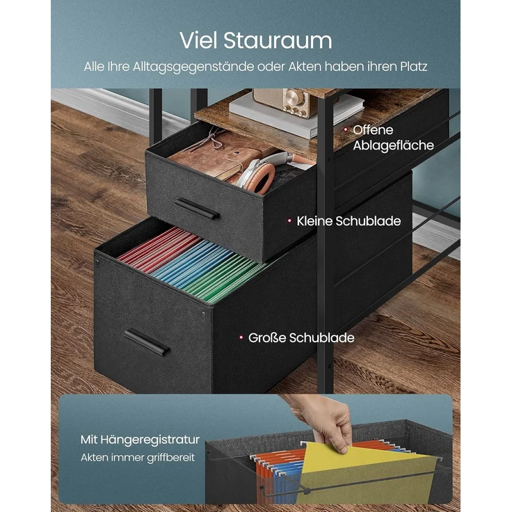 VASAGLE Schreibtisch mit Stoff-Schubladen, Computertisch mit Monitorständer, LED-Beleuchtung, 55 x 120 x 90 cm, eingebaute Steckdosen, 2 USB-A-Anschlüsse, für Homeoffice, vintagebraun LWD093K01 – Bild 7