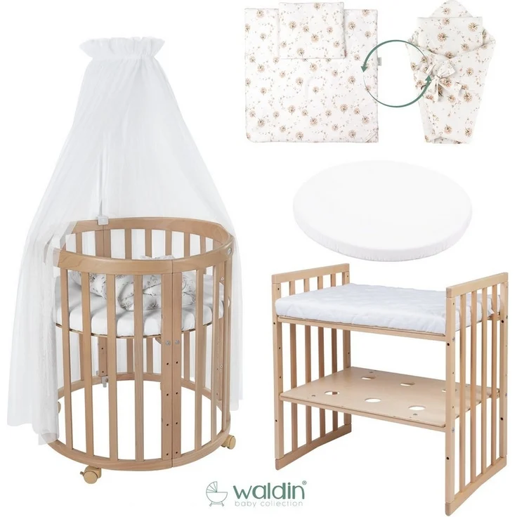 Waldin Babybett Mobiles Babybett OWAL aus Holz 7in1 mit Matratze, mitwachsend – Bild 2