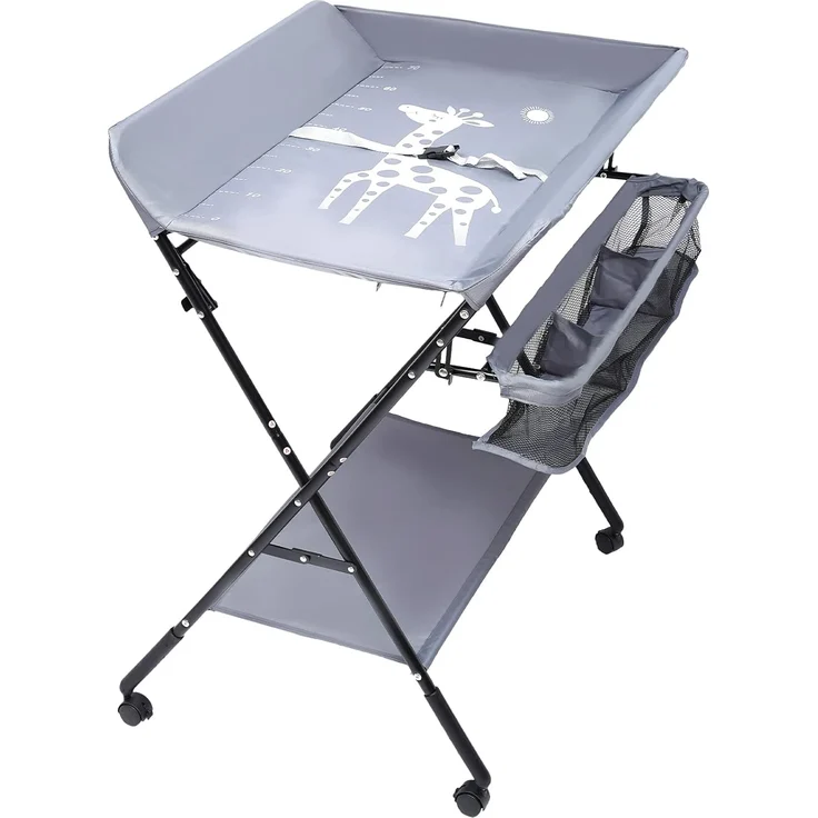 SABUIDDS Wickeltisch Klappbarer und tragbarer Baby Wickelkombi auf Rollen Wickelkommode 3 stufig-höhenverstellbare Wickelkommde, mit Wickelauflage, Sicherheitsgurt und Ablagefächern (Grau) – Bild 1
