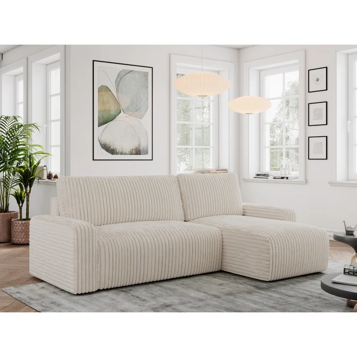 Ecksofa L-form, mit Schlaffunktion und Bettkasten - ARGOS, Beige, Cord – Bild 1