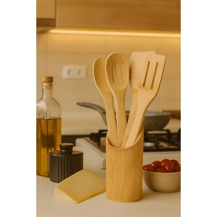 hausleben Kochbesteck-Set – 100% Bambus – 30 x 6 cm (6-tlg), umweltfreundlich – Langlebig – Schonend für Pfannen & Töpfe – Bild 3