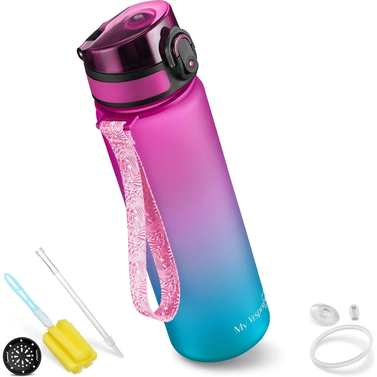 My Vesperbox – Minny - Kinder Trinkflasche auslaufsicher – 500ml – mit Strohhalm oder Sieb - leichte Tritan Wasserflasche - BPA frei - für Kindergarten, Schule (Lila - Blau)