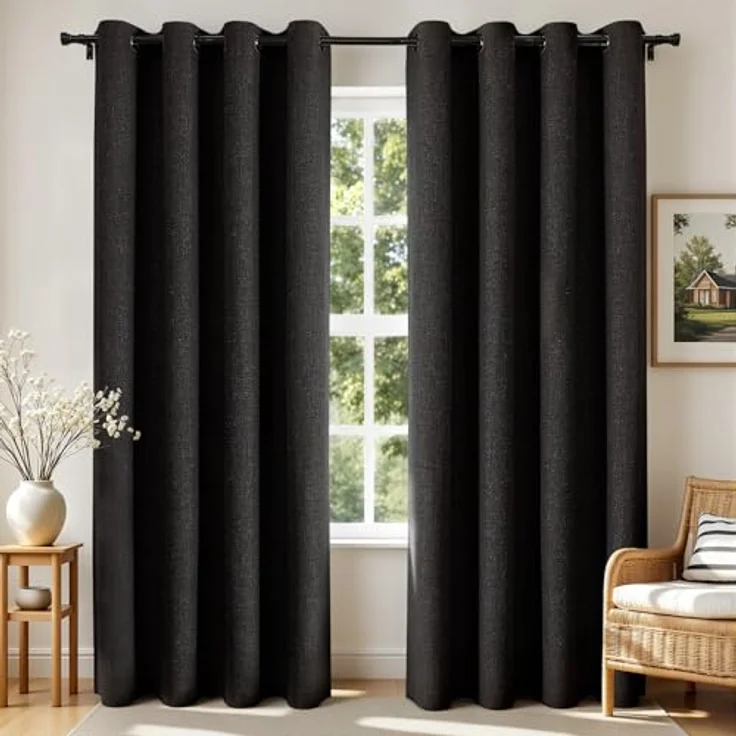 Joydeco Verdunklungsvorhänge, 160 cm lang, 2 Paneele, dunkelnde Vorhänge für Schlafzimmer, 100% verdunkelnde, strukturierte Thermovorhänge, Sichtschutz, 2 Paneele (B x L), 132 x 160 cm, Schwarz – Bild 1