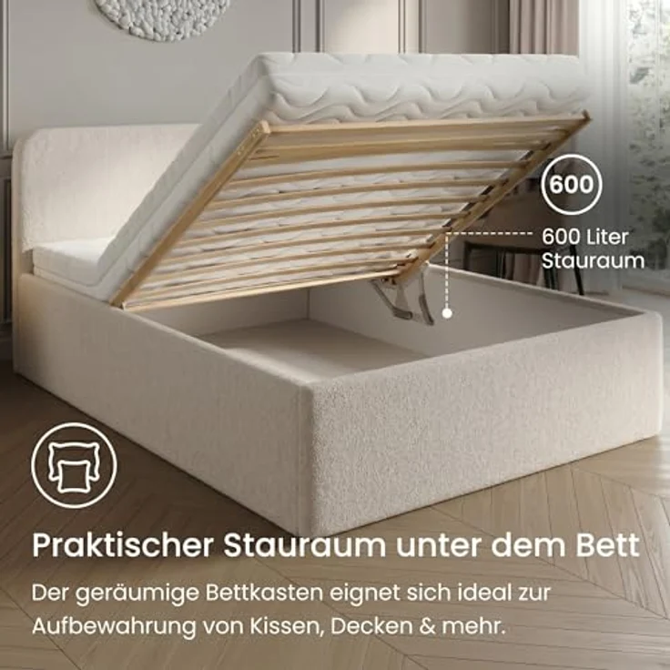 Home Collective Polsterbett mit Stauraum, verstellbarem Lattenrost, Bouclé-Stoff in Creme, viele Größen (100x200 bis 200x200), wählbare Matratze Federkern oder Kaltschaum – Bild 4