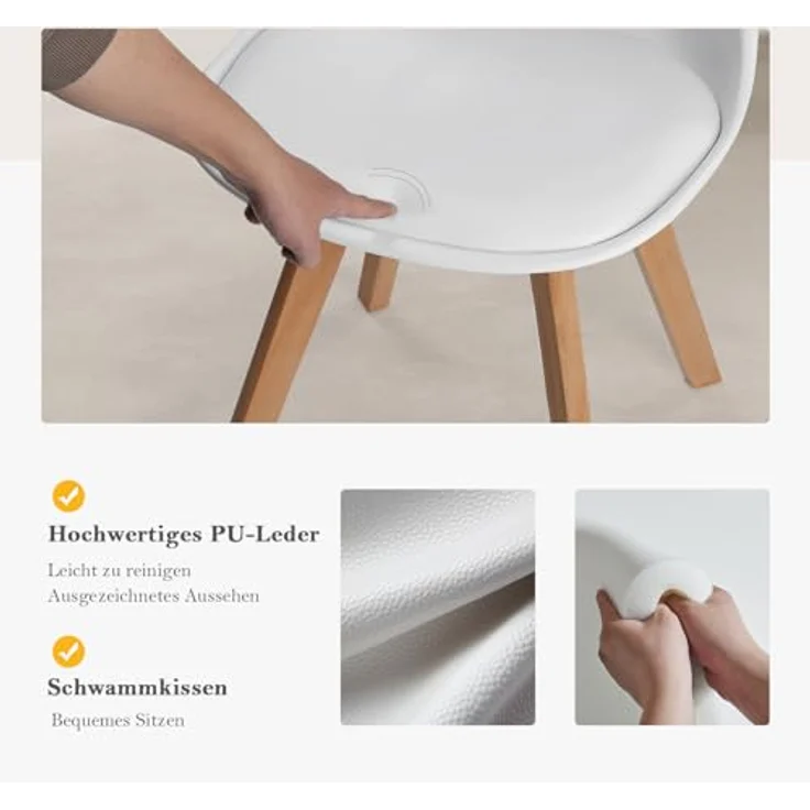 Sweetrcrispy Esszimmerstühle 4er Set, Mid-Century Modern, PU-Leder Polsterstühle mit Holzbeinen, Küchen- & Esszimmer, Weiß – Bild 7