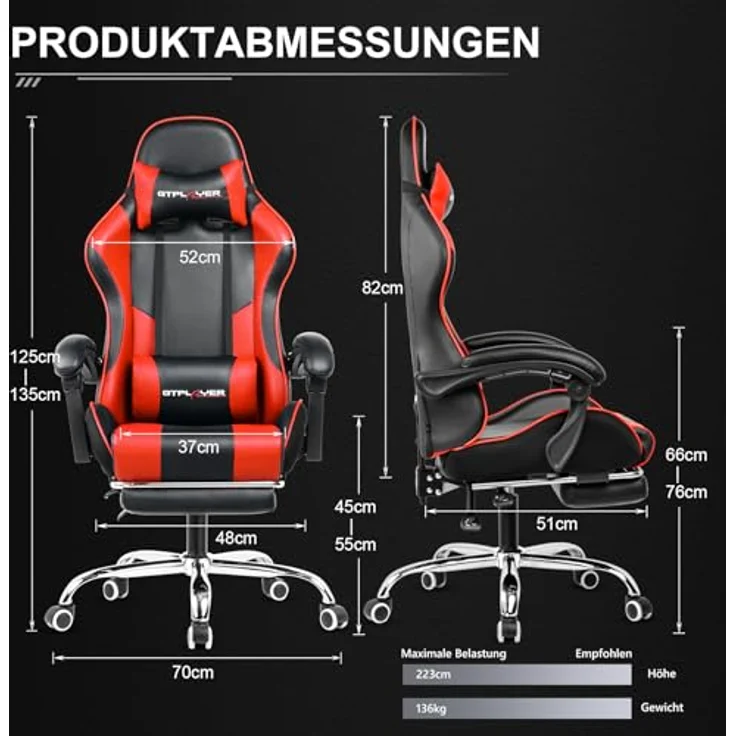 GTPLAYER Gaming Stuhl Bürostuhl Massage Gaming Sessel Ergonomischer Gamer Stuhl mit Fußstütze, Kopfstütze Massage-Lendenkissen, Gepolstert Gaming Chair, Drehsessel, rot – Bild 3