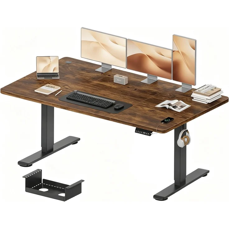 JUMMICO Höhenverstellbarer Schreibtisch 160x80 cm mit Kabelwanne & USB-A | Schreibtisch Höhenverstellbarer Elektrisch mit 18 mm Tischplatte, Sitz‑Erinnerung Computertisch,braun