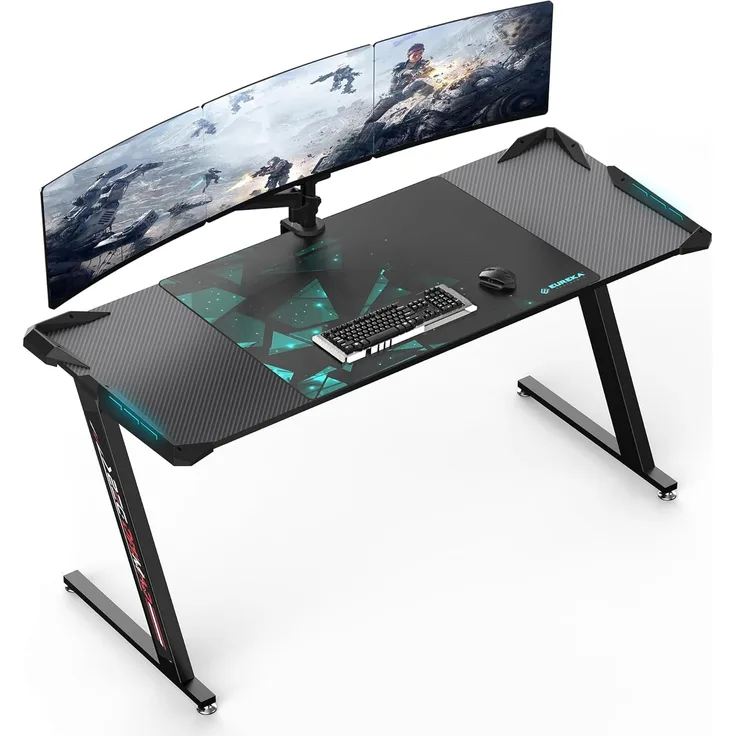 EUREKA ERGONOMIC Gaming Schreibtisch 153 * 60cm Groß Gaming Tisch mit LED Beleuchtung Z60 Gamer PC Tisch Lang Gaming Computertisch mit Mausunterlage, Getränkehalter und Kopfhörerhaken, Schwarz