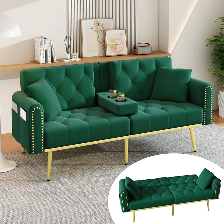 Merax Schlafsofa 2-Sitzer-Sofa mit Liegefunktion, drei verstellbaren Neigungswinkeln und Getränkehalter, Grün – Bild 1