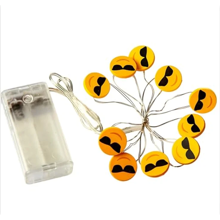 hellum LED Kupfer-Lichterkette, Cool-Emoji mit 2 cm Durchmesser, 10 warmweiße LEDs, 90 cm Lichtlänge, Kabel silber, Indoor, batteriebetrieben (2AA), 522952 – Bild 3