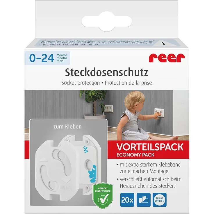 Reer - Steckdosenschutz, Kindersicherung, klebbar, weiß, 40er
