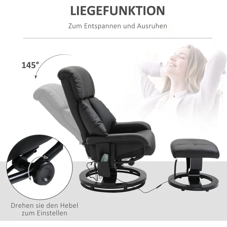 Rayofly-Massagesessel mit Fußhocker, 10 Vibrationspunkte, 145° verstellbare Rückenlehne, Schwarz, H 102 cm x T 76 cm x B 80 cm – Bild 7