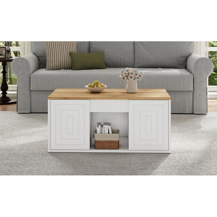 Couchtisch 46 x 95 x 45 cm, mit Höhenverstellung, in Holzoptik, Konstruktion aus Spanplatte, Weiß / Naturfarben – Bild 22