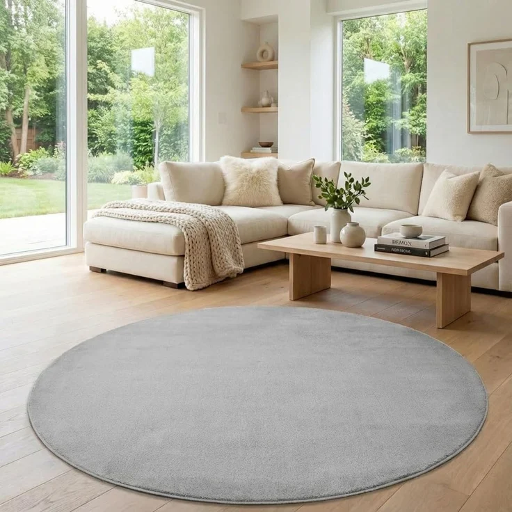 Jimri Flauschiger Teppich Läufer - Hochwertiger Kurzflor für Zuhause, Büro, Küche, Eingang, Flur, Wohnzimmer - Maschinenwaschbar - Rutschfester Teppich Waschbar - 200 cm Rund - Silber