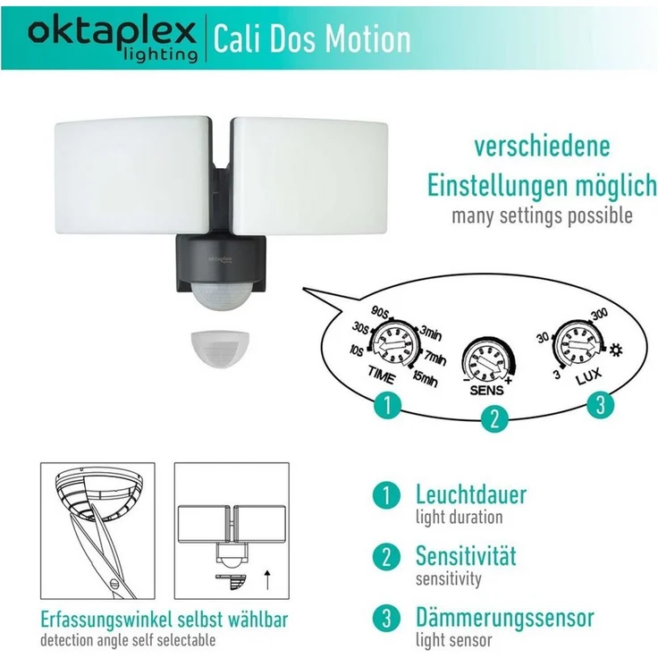 Oktaplex lighting LED Außen-Wandleuchte Oktaplex Cali Dos mit Bewegungsmelder, Bewegungssensor & Diffusor, LED fest integriert, warmweiß 3000K, Außenstrahler mit Bewegungsmelder anthrazit LED Flutlichtstrahler – Bild 2