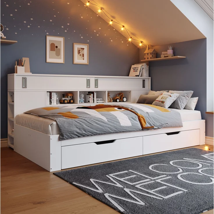 CHICFURN Bett aus MDF Weiß 140x190 cm mit 2 Schubladen und Stauraum – Bild 3