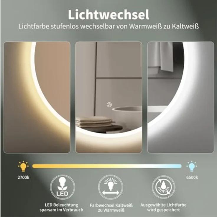 HOKO LED Badspiegel Rund 60cm mit Touch-Schalter, Memory-Funktion & Lichtwechsel 2700-6500K, feuchtraumgeeignet – Bild 2