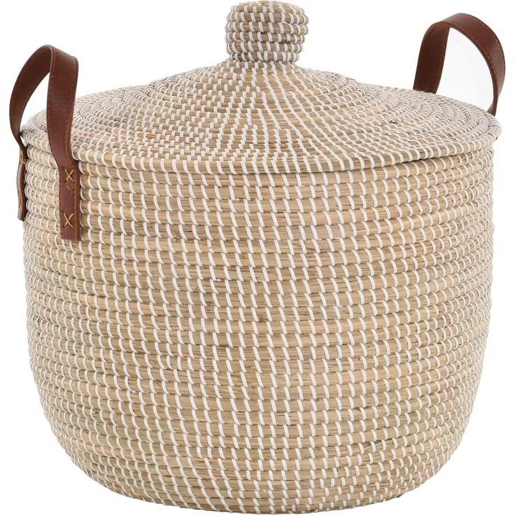 Krines Home Aufbewahrungskorb Handgearbeiteter Seegras Dekokorb mit Deckel Aufbewahrung Flechtkorb, Korb Natur mit weißen Wicklungen Rund (Hell Natur, Rund, Groß Ø44cm)