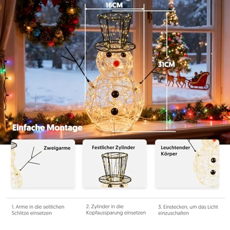 LEDYA Schneemann Weihnachtsbeleuchtung, 400 LEDs Warmweiß, 31 cm LED Schneemann Lichterkette mit Timer, Netzbetrieben, Innen- & Außenbereich, Weihnachtsdeko Schneemann für Haus, Garten, Hof, Party – Bild 7