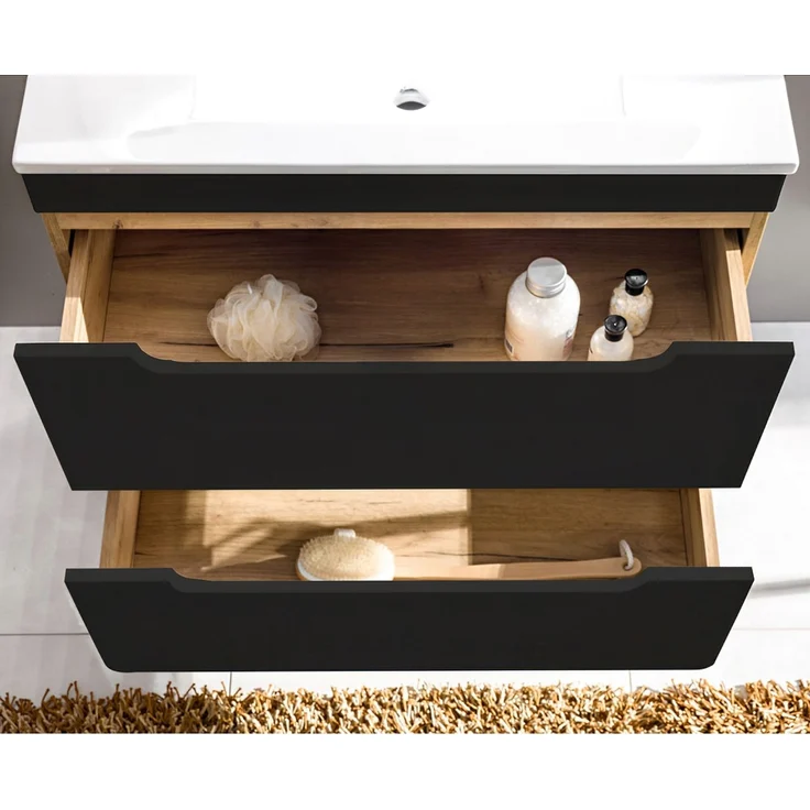Badmöbel Komplettset in anthrazit seidenmatt mit Eiche Nb. NEW-LUTON mit 81 cm Keramik-Waschtisch & LED-Spiegel, B/H/T ca. 180/200/46 cm – Bild 3
