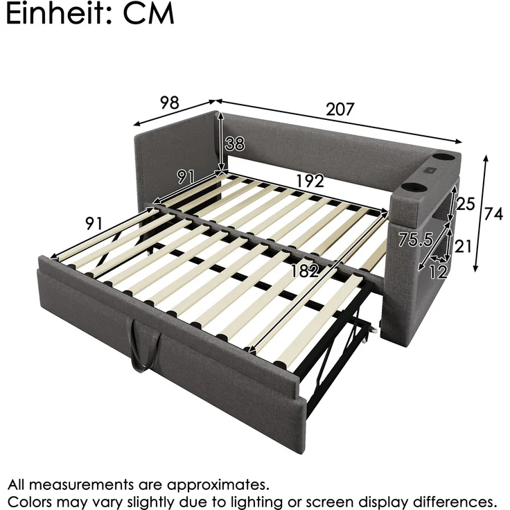 Polstertes Daybett 90x190 cm, Einzelbett Schlafsofa mit Ausziehbett, Armlehnen mit USB- & Type-C-Ladeanschluss und Getränkehalter, Leinen-Mischgewebe, Grau, ohne Matratze – Bild 2