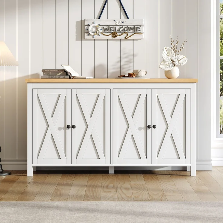 Merax 140cm Sideboard mit 4 Türen, mit Schwarzem, Rundem Griff,2 Partitionen, Multifunktionaler Aufbewahrungsschrank aus MDF-Material, Weiß – Bild 1
