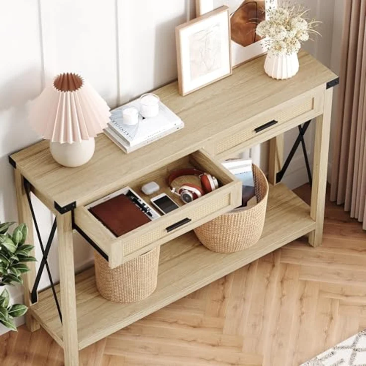 GarveeHome Flurtisch, Konsolentisch Mit Rattan-Schubladen, Sofatisch Mit 2 Ablageflächen, Einzigartiges x-Förmiges Design, Ideal Für Flur, Wohnzimmer, Diele, 110 x 30 x 78 cm,Holzfarbe – Bild 6