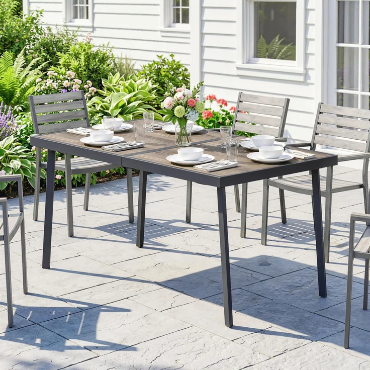 Rechteckiger Gartentisch für 6 Personen mit Tischplatte in Holzoptik, aus Stahl und PSPC, 145 x 85 x 72 cm, grau – Bild 3