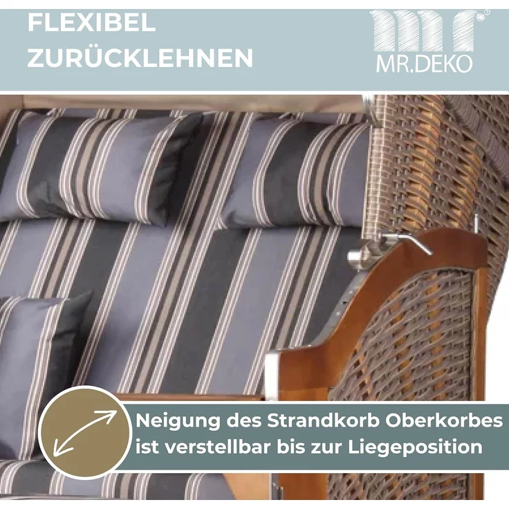 MR. DEKO Strandkorb 2-Sitzer Schleswig Pinie Braun PE Mokka, aufgebaut geliefert, BxTxH: 120x80x160 cm, 2-Sitzer, Schleswig, (Zweisitzer Strandkorb mit Bistrotischen & Fußstützen), Bereits montiert, UV-beständig, Volllieger & Edelstahl-Beschläge – Bild 5