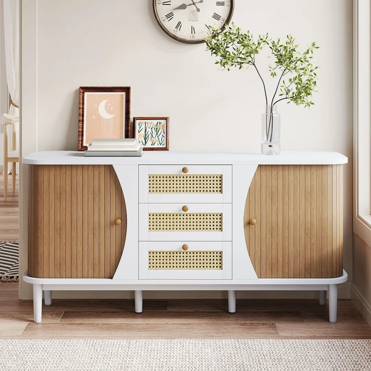 Merax Sideboard, Rattankommode, Kommode mit Schiebetüren, verstellbaren Einlegeböden, gewölbter Platte – Bild 1
