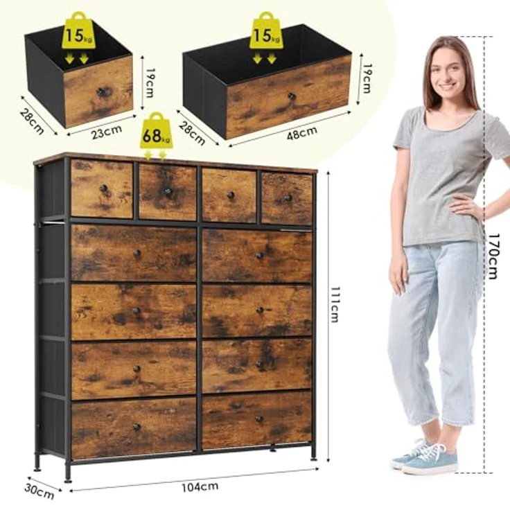 Clevich Stoff-Kommode, Schminktisch Schrank, Aufbewahrungsschrank, 12 Schubladen aus Stoff, Metallrahmen, industrieller Stil, für Wohnzimmer, Flur, Schlafzimmer (Retro braun+schwarz) – Bild 4