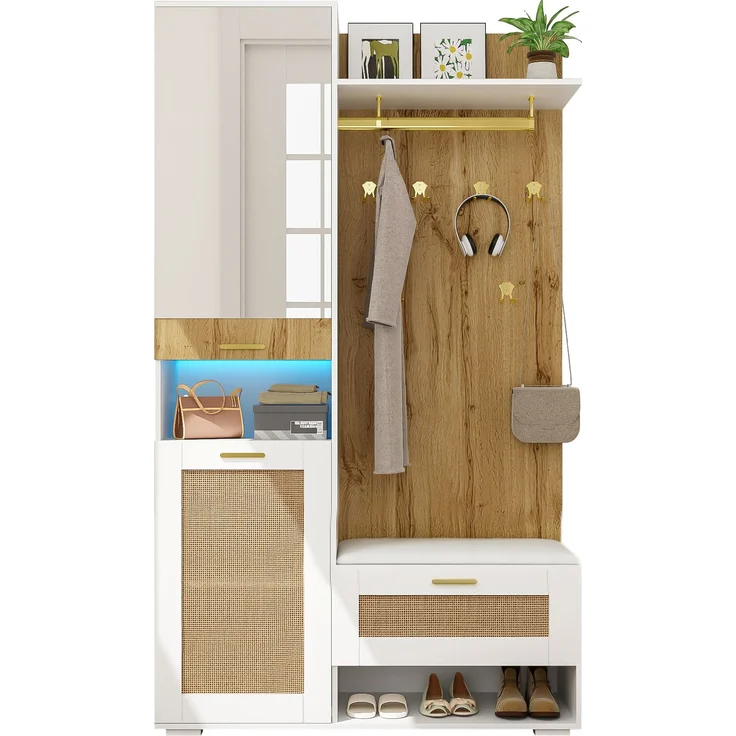 Garderoben-Set mit Spiegel, LED-Beleuchtung und Sitzbank, 110x38x190 cm, Weiß/Holz – Bild 3