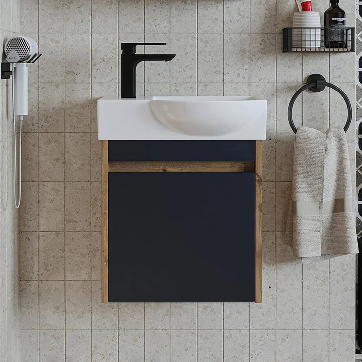 Roomart Badmöbel-Set LEO Gäste-WC Set 46,5 cm, nur 24,5 cm tief, Soft-Close, 4 Farben, (Komplett-Set, • Unterschrank mit Waschbecken • Badezimmer Möbel • Gäste WC), Soft-Close, nur 24,5 cm tief, Wandmontage, Keramikbecken, modular – Bild 3