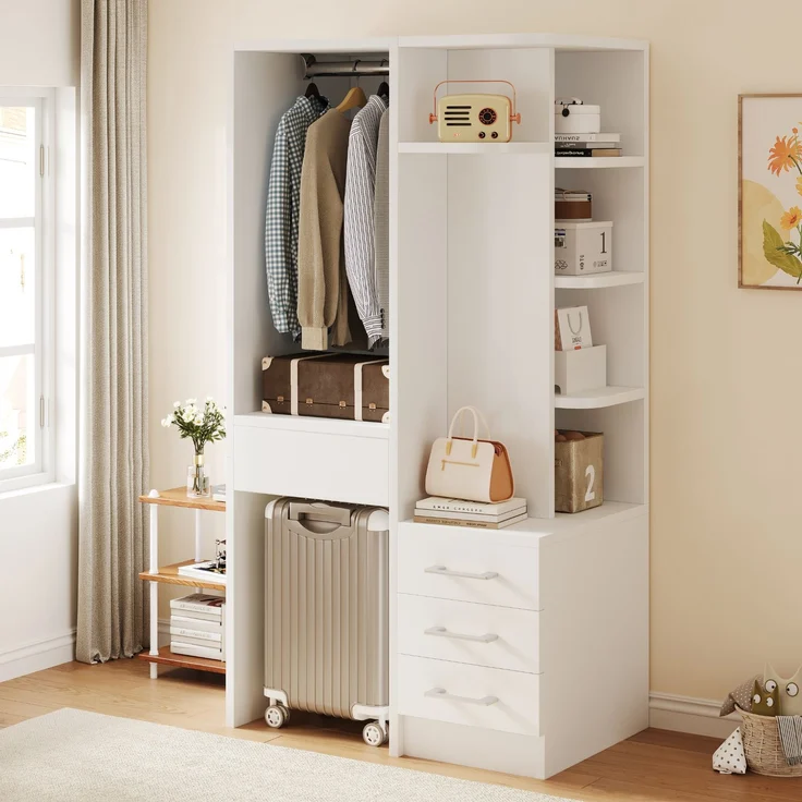 Kleiderschrank 70x45x135 cm in Weiß mit offenem Hängebereich und Schubladen – Bild 3
