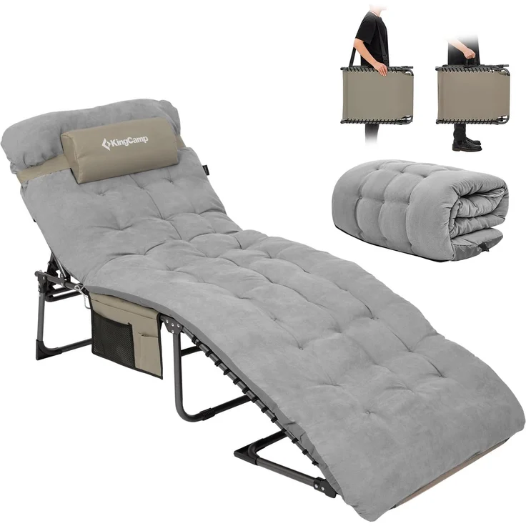 KingCamp Sonnenliege Klappbar mit Matratze, 180 kg Belastbar, 5-Positionen Verstellbar Liegestuhl, Tragbarer Gartenliege mit Seitentasche & Kopfkissen, Campingliege für Strand, Terrasse, Gästebett