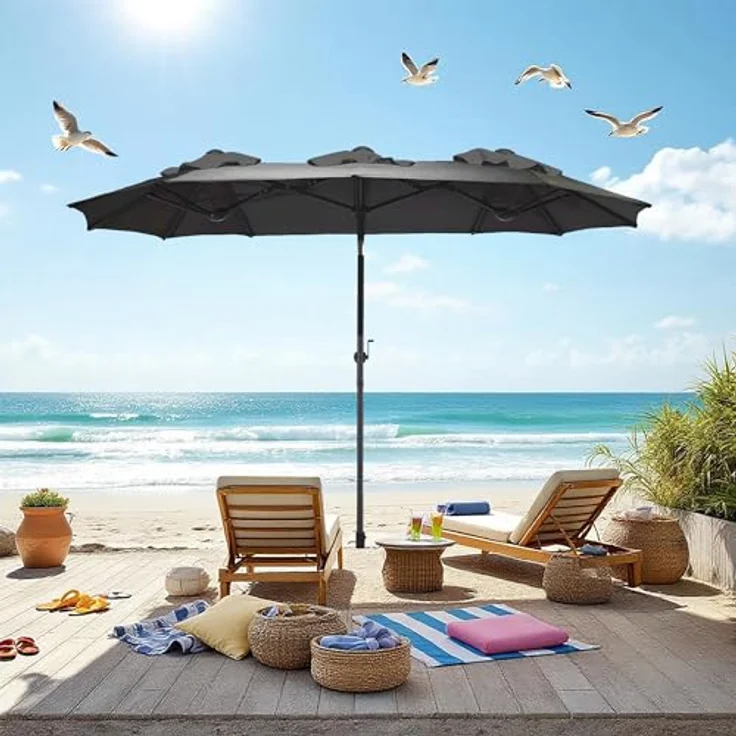 Spetebo Sonnenschirm Doppel Sonnenschirm 300 x 150 cm - anthrazit, LxB: 300.00x150.00 cm, Packung, mit Handkurbel, Drei Kuppel Sonnenschutz Gartenschirm – Bild 6
