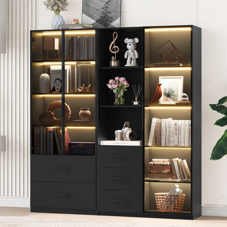 ZUBALIYA LED-Vitrine 140×40×160 cm – Bücherregal und Multifunktionsschrank mit Glas- und offenen Fächern, sanft schließenden Scharnieren, mehrfarbiger LED-Beleuchtung, staubdichter Glasvitrine,Bücherregal – Bild 1
