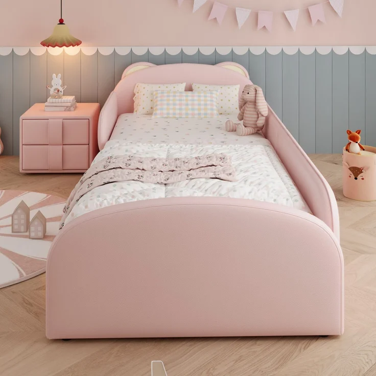 Kinderbett mit Nachttisch, Rausfallschutz und Lattenrost, 90x200 cm, Polsterbett, gepolsterter Kopfteil, Einzelbett, Bezug aus Samt – Bild 2