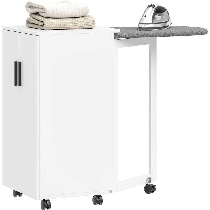 2-in-1 faltbarer Bügelbrettschrank auf Rollen mit Bügelbrett und verstellbarem Regal für kleine Räume, Weiß--Weiß--83x43x99.5cm--YOUDENOVA – Bild 2