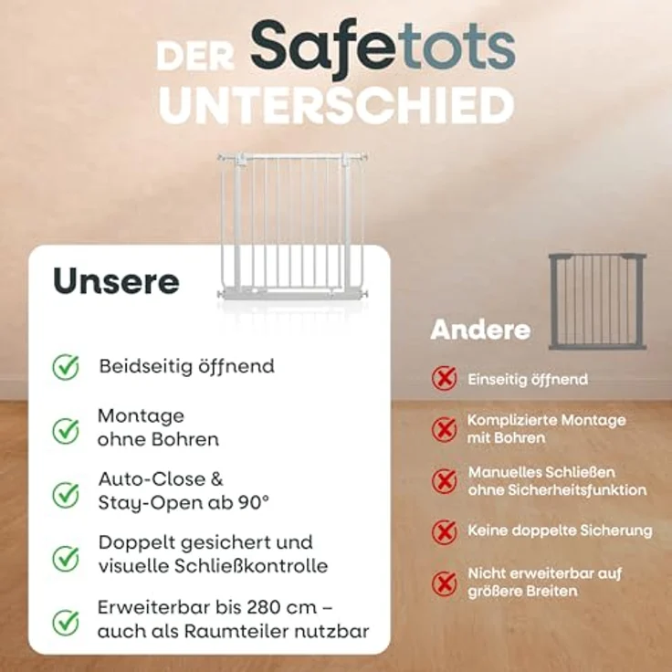 Safetots Elite Sicherheitsschutzgitter, 134cm - 143cm, Mattweiß, Treppenschutzgitter mit Druckmontage, Sicherheitsbarriere, Einfache Installation – Bild 7