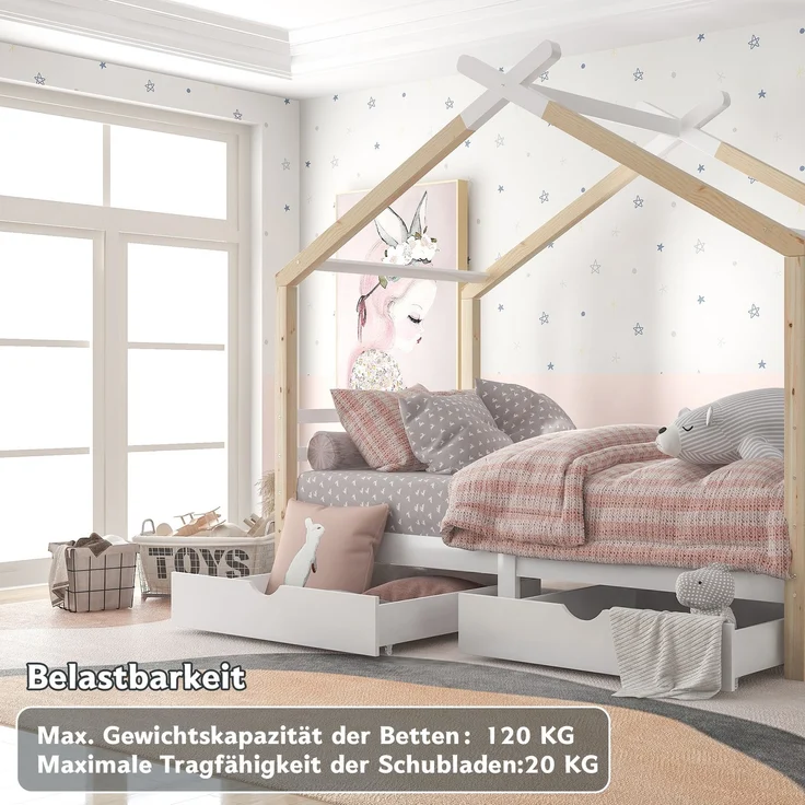 Merax Kinderbett Hausbett mit Schubladen, Massivholz mit Lattenrost, Kiefernholz Hausbett , Kinder und Jugendzimmer, weiß+holzfarbe (90x200cm) – Bild 8