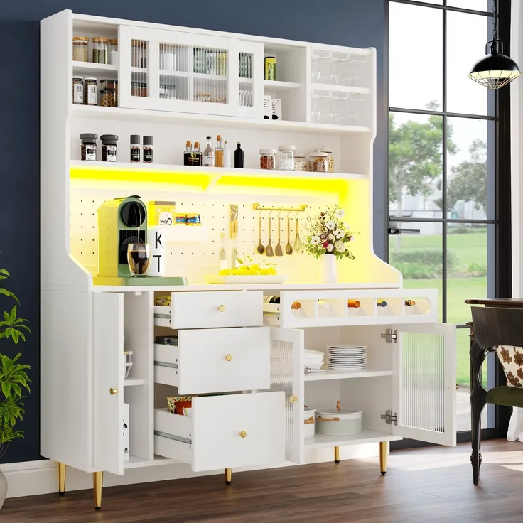 Merax 171cm Hochschränke, Küchenschrank, Esszimmerschrank, Wohnzimmer-Schrank mit verstellbaren Einlegeböden, Schränke mit LED-Beleuchtung, Schublade mit Weinregal, Weiß