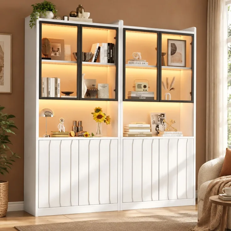 Vitrine im 2er-Set, B 160 x T 35 x H 200 cm, Weiß, Spanplatte und Sicherheitsglas, mit LED-Beleuchtung