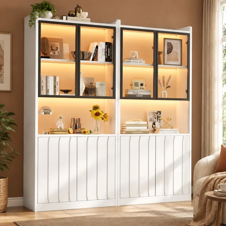 Vitrine im 2er-Set, B 160 x T 35 x H 200 cm, Weiß, Spanplatte und Sicherheitsglas, mit LED-Beleuchtung – Bild 1